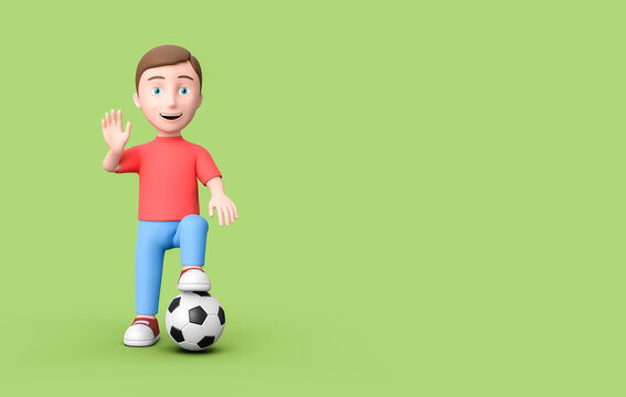 Young Kid 3D Cartoon Character Standing with Soccer Ball on Green with Copy Space