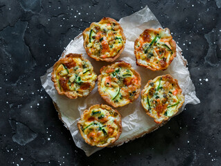 Mini quiche with salmon and zucchini on a dark background, top view. Delicious snacks, tapas, appetizers