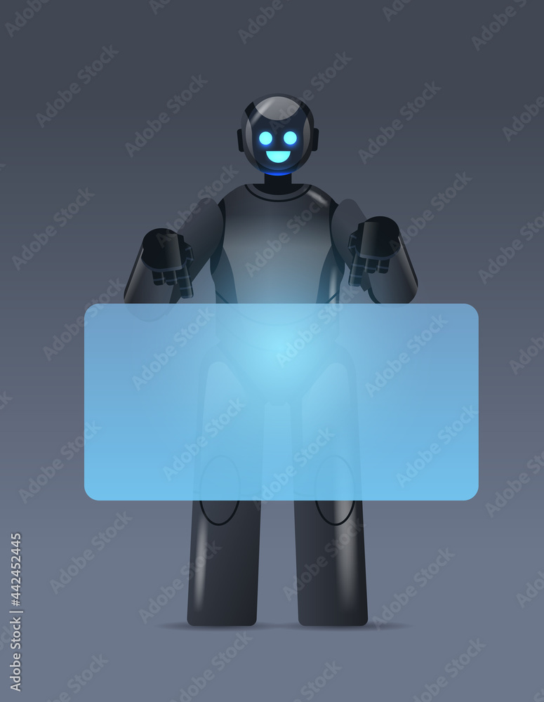 Poster black robot cyborg pointing at virtual board modern robotic character artificial intelligence techno