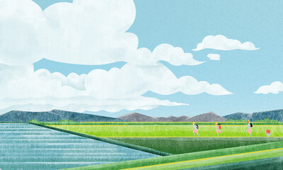 田園風景（小学生の登下校）水彩風手書きイラスト
