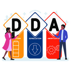 Flat design with people. DDA - Depletion Depreciation Amortization  acronym. business concept background. Vector illustration for website banner, marketing materials, business presentation, online adv
