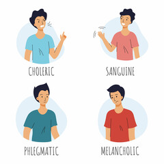 Man with different type of temperament. Choleric, sanguine, melancholic, and phlegmatic. Sets of vector illustrations.