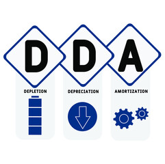 DDA - Depletion Depreciation Amortization acronym. business concept background.  vector illustration concept with keywords and icons. lettering illustration with icons for web banner, flyer, landing 
