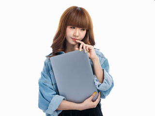 Asian businesswoman holding laptop..