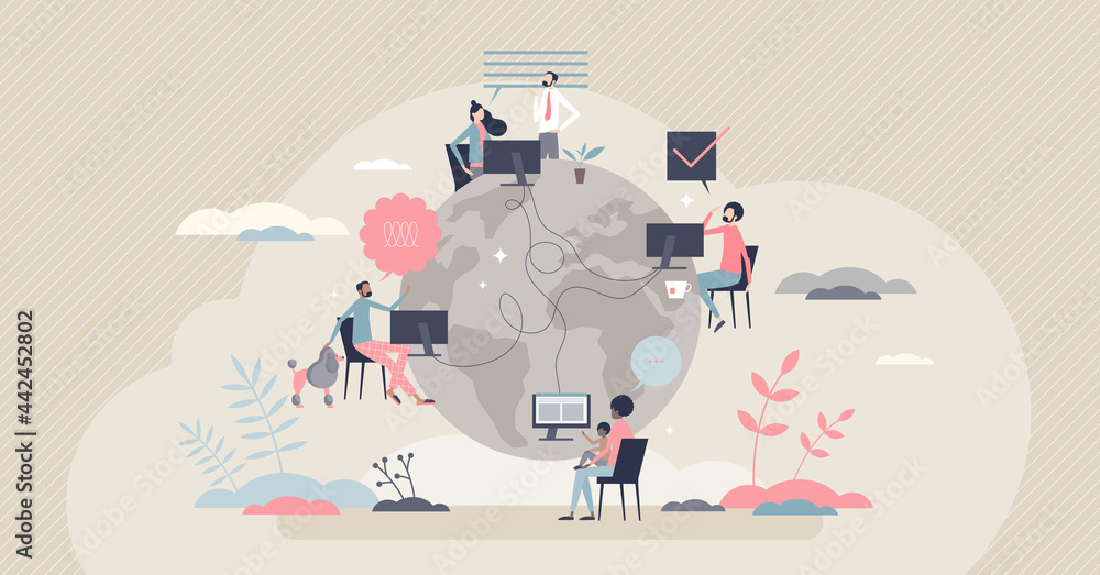 Poster remote work with distant employee network in internet tiny person concept. company virtual meeting, 