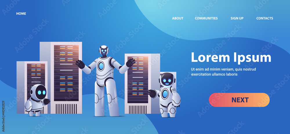 Poster robots in server room big cloud data analysis artificial intelligence technology concept full length