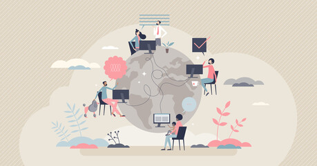 Remote work with distant employee network in internet tiny person concept. Company virtual meeting, information exchange or data sharing with working from home vector illustration. Flexible workplace.