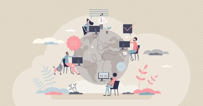 Remote work with distant employee network in internet tiny person concept. Company virtual meeting, information exchange or data sharing with working from home vector illustration. Flexible workplace.