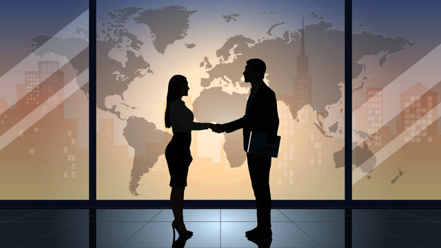 Business male and female shake hands in office with future city through window. Partnership businessmen came agreement and completed deal handshake. Teamwork solution.