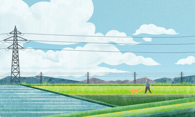 鉄塔のある田園風景（犬の散歩）水彩風手書きイラスト