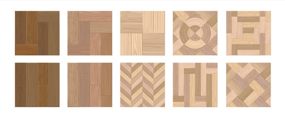 Herringbone floor. Realistic wooden laminate. Interior flooring from natural timber. Decorative hardwood covers with woodgrain. Luxury building oak materials. Vector parquet templates set - obrazy, fototapety, plakaty