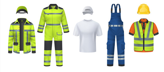 Professional uniform. Realistic work wear with helmet and reflective protective stripes. Isolated coveralls and headgears, t-shirt or vest. Garment for repairman. Vector clothes set - obrazy, fototapety, plakaty