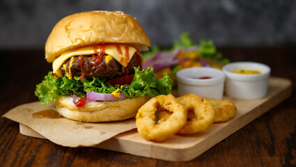 Close up shot of ready to eat homemade beef hamburger with fresh vegetables