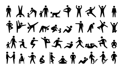 Fototapeta na wymiar People black icons. Stickman persons. Human actions. Men and women in various poses. Minimal pose silhouettes set. Male and female training. Mother walking with kid. Vector pictograms
