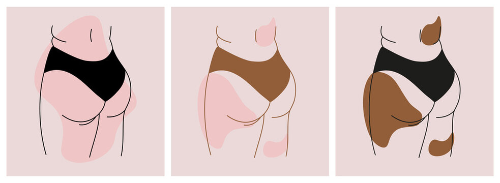 Abstract minimalistic female figure in panties from the back.The contour of the silhouette of a large woman in underwear. Set of body positive images of the female body. Vector illustration. 