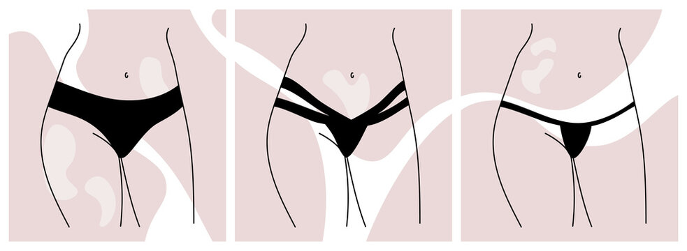 Abstract minimalistic female figure in panties, thongs. The contour of the silhouette of the legs, hips and waist of a woman in underwear. Set of images of the female body. Vector illustration. 