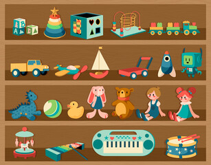 Toys on shelves. Cartoon wooden rack with dolls and musical instruments. Plush animals or transport. Educational jigsaw for children. Colorful rocket and automatic robot. Vector furniture