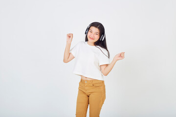 woman with headphones on white background