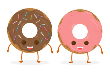 Funny donut character with glazing and sprinkles, cartoon style vector illustration isolated on white background. 