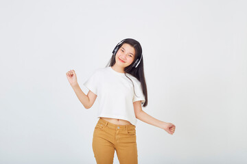 woman with headphones on white background