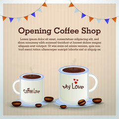 coffee shop opening announcement banner. coffee shop opening banner on light pink background with coffee mugs and coffee beans. colorful buntings as decorations. 