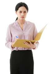 Portrait closeup isolated cutout shot of Asian worry stress unhappy female teacher stand angry look...