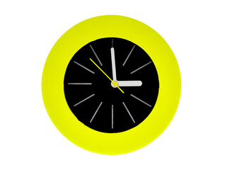 Round modern clock with white stripe, yellow clock hands pointing at the center possess time, three...