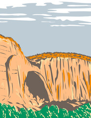 WPA poster art of La Ventana Natural Arch within El Malpais National Monument located in New Mexico, United States of America done in works project administration style or federal art project style.