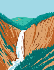 WPA poster art of the Lower Yellowstone Falls within Yellowstone National Park located in Wyoming, United States done in works project administration style or federal art project style. - 442454278