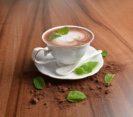 hot chocolate cafe mocha drink with mint leaf in beautiful England white cup hot coffee beverage menu