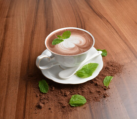 hot chocolate cafe mocha drink with mint leaf in beautiful England white cup hot coffee beverage menu