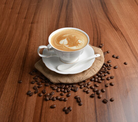 hot cafe latte drink with fresh milk in beautiful England white cup hot coffee beverage menu