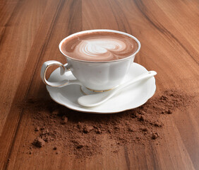 hot chocolate cafe mocha drink with mint leaf in beautiful England white cup hot coffee beverage menu