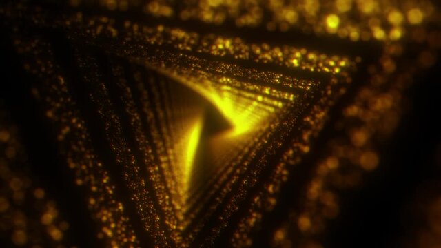 This stock motion graphics features abstract golden particles moving in a specific direction to form a three-dimensional triangle. A beautiful background for your projects.