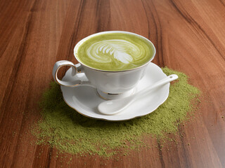 hot japanese matcha green tea latte drink with fresh milk in beautiful England white cup hot coffee beverage menu