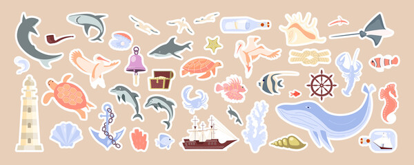 Underwater objects and sea animals cute stickers set - obrazy, fototapety, plakaty