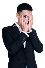 funny cutout portrait of young healthy businessman on black suit cover face as loose confident and...