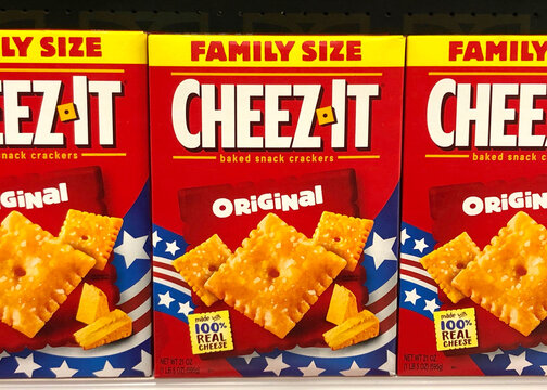 Alameda, CA - June 24, 2021: Grocery store shelf with patriotic holiday edition Cheez-It crackers.