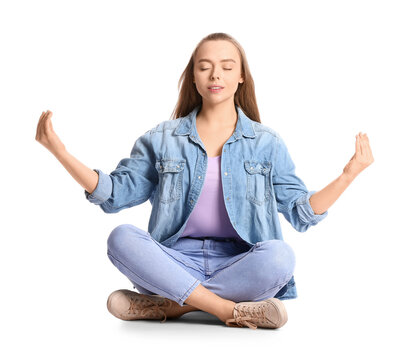 Young Woman Meditating On White Background