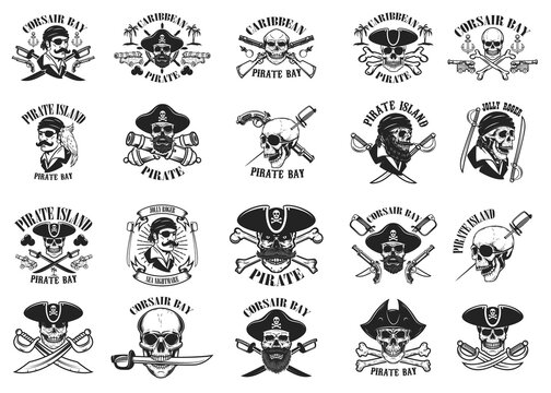 Big set of pirate emblems. Corsair, buccaneer. Design elements for logo, label, sign, poster, t shirt. Vector illustration