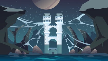 Fairy tale castle. Cartoon scary landscape with medieval stronghold. Historic towers and bridge over river. Ancient fortified building. Nighttime panorama. Vector frightening background