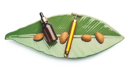 Plate with facial massage tool, serum and nuts on white background