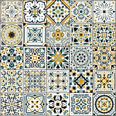 Azulejo tile. Spanish and Portugal national patchwork. Ornamental flower pattern. Antique arabesque cover. Traditional mosaic background with floral elements. Vector oriental flooring - obrazy, fototapety, plakaty