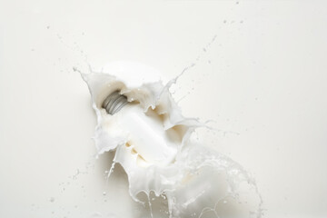 Bottle of cosmetic product falling into splashing milk
