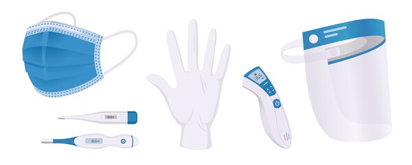 Personal protection. Cartoon medical mask and body temperature contactless thermometer. Protective transparent face shield. Disposable gloves. PPE for virus safety. Vector hospital set