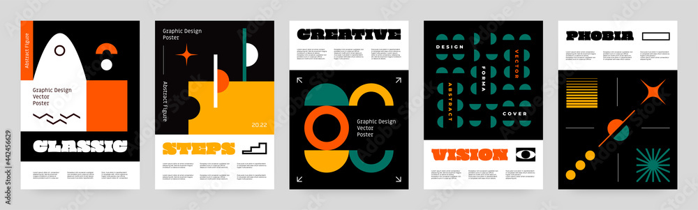 Poster brutalism shapes posters. abstract contemporary minimalistic brochures with retro fonts and swiss fi