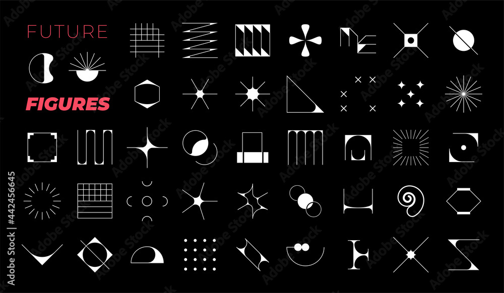 Poster future design shapes. abstract geometric figures. decorative minimalistic brutalist forms. black bac