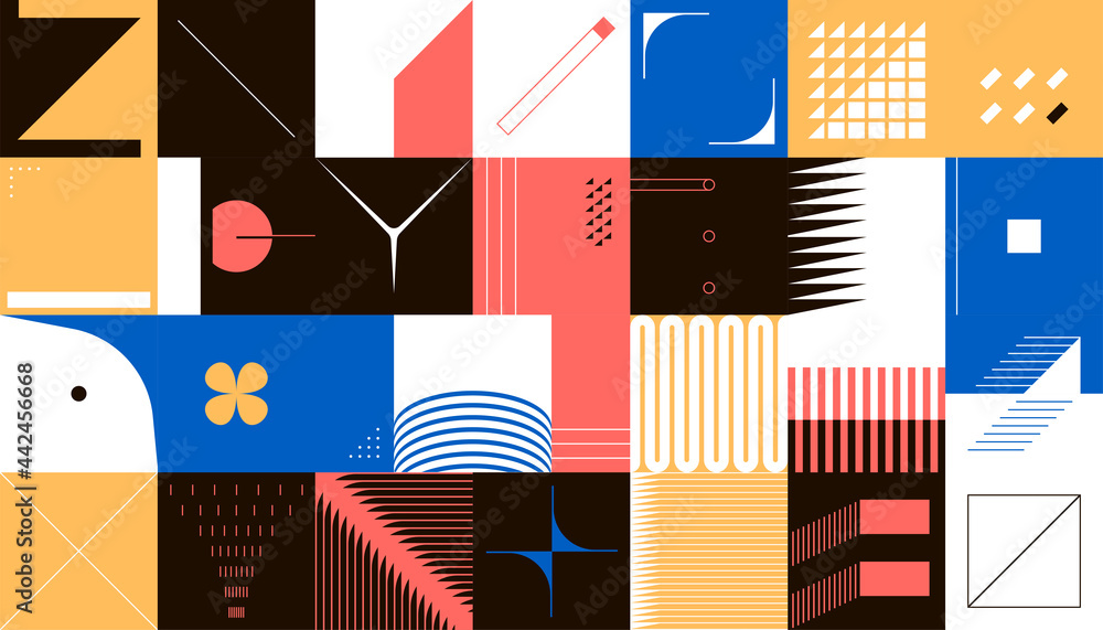 Poster Geometric cover. Contemporary minimalistic shapes composition. Collage of square frames with simple figures and lines. Modernism design elements. Vector abstract brutalism background
