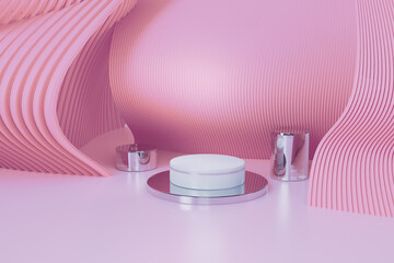Abstract geometry sophisticated pattern purple background,white and pink shiny pastel color cylinder podium,for mockup product and cosmetic show,marketing present stage,3d render