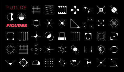 Future design shapes. Abstract geometric figures. Decorative minimalistic brutalist forms. Black background with white contemporary art elements. Vector futuristic logo templates set